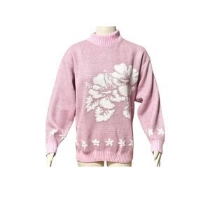 90s Pink Lurex Knit Sweater: White Hibiscus Floral Print - Sweaters By Jolie